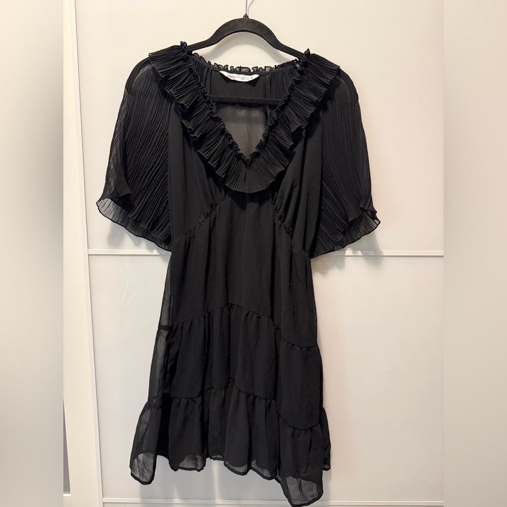 Zara Black Ruffled Sleeve Sheer Dress